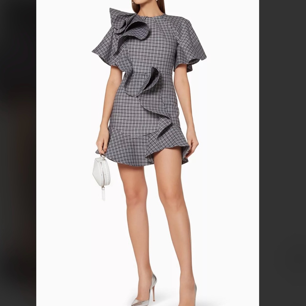 NWT Acler Piper Gray Checkered Ruffle Mini Dress, XS Size 2